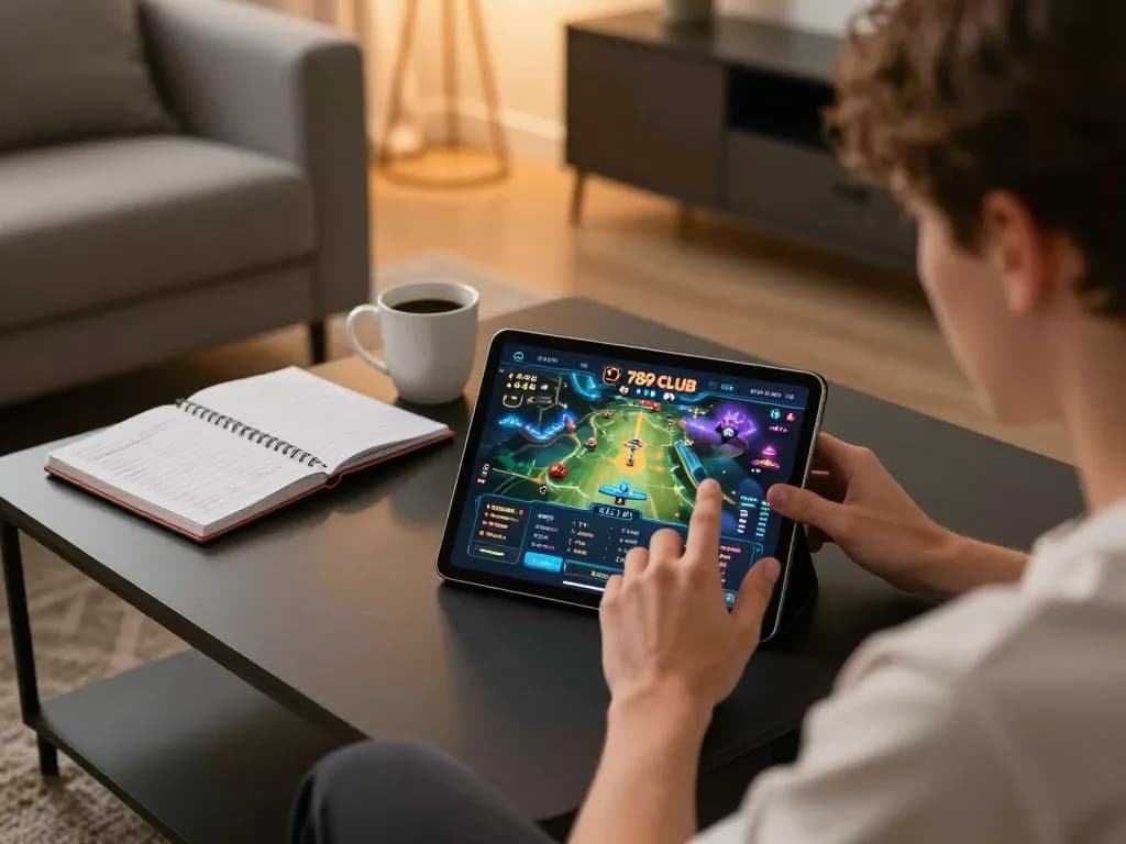 Enjoying a strategic game session on the 789 club platform with tablet and notes.