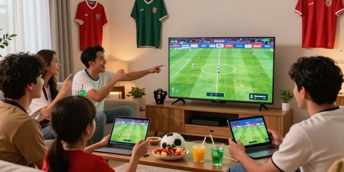 Excited fans enjoying live streaming bola gratis in high definition on various devices during a football match.