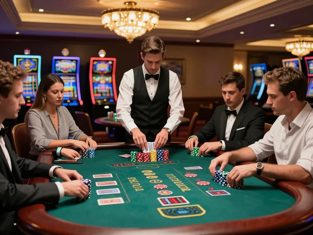 Players engaged in an intense blackjack game at 688v casino table in an upscale environment.