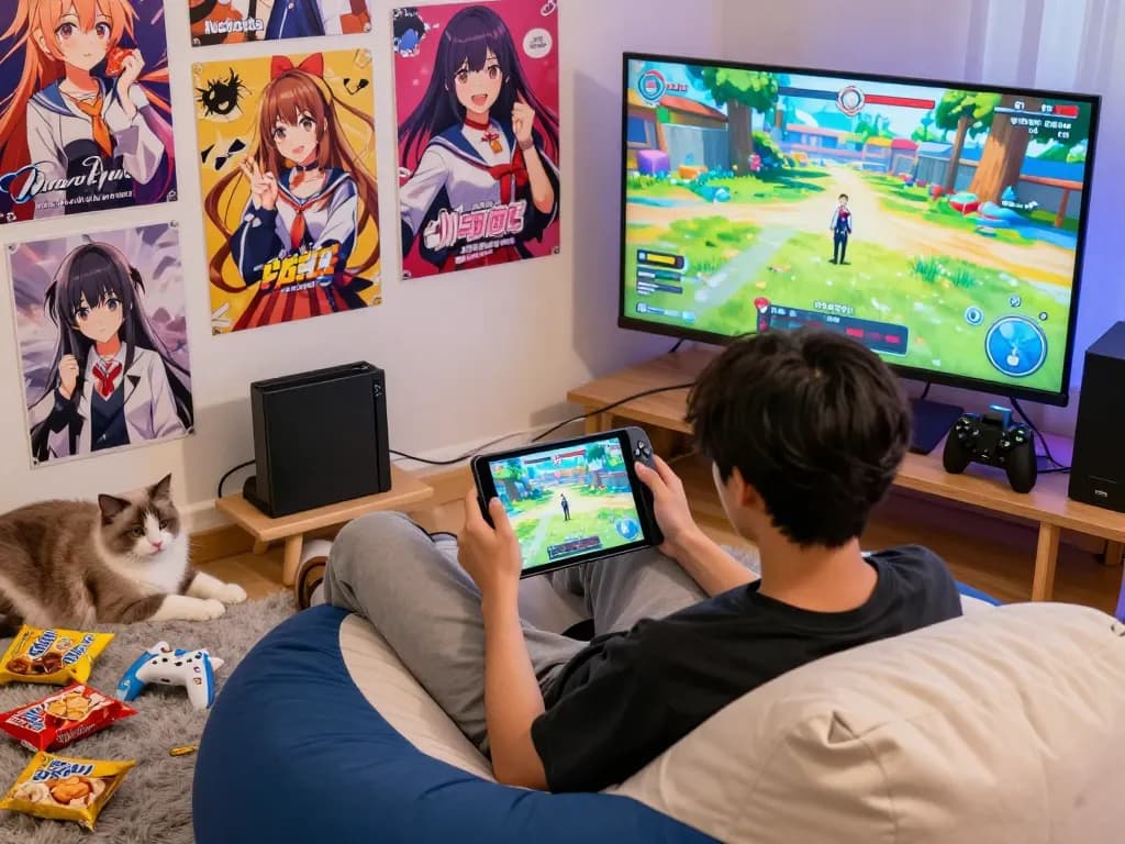 Engaging digital gaming scene featuring a player enjoying an adult game on a tablet in a cozy room.