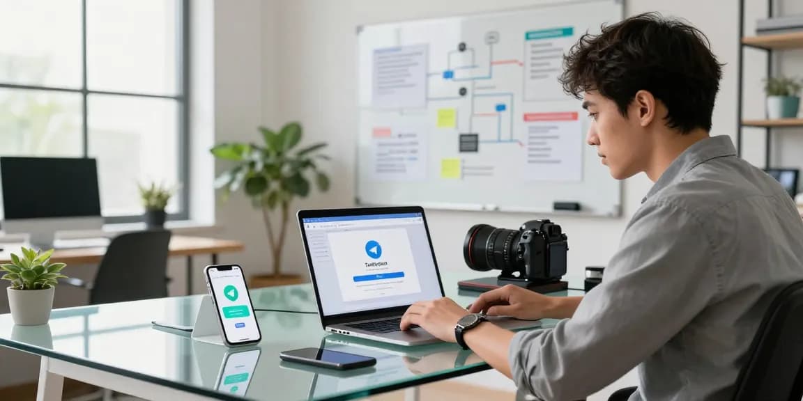 Young professional focused on Telegram download in a modern workspace.