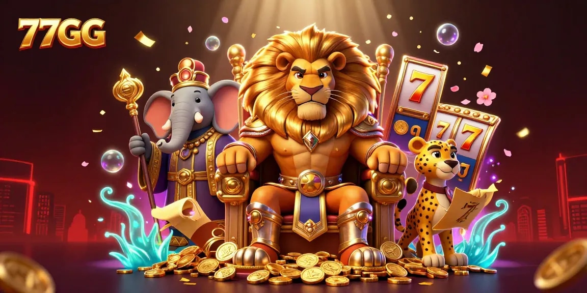 Experience thrilling slots action with 77GG's lion king, accompanied by a wise elephant and a swift cheetah.