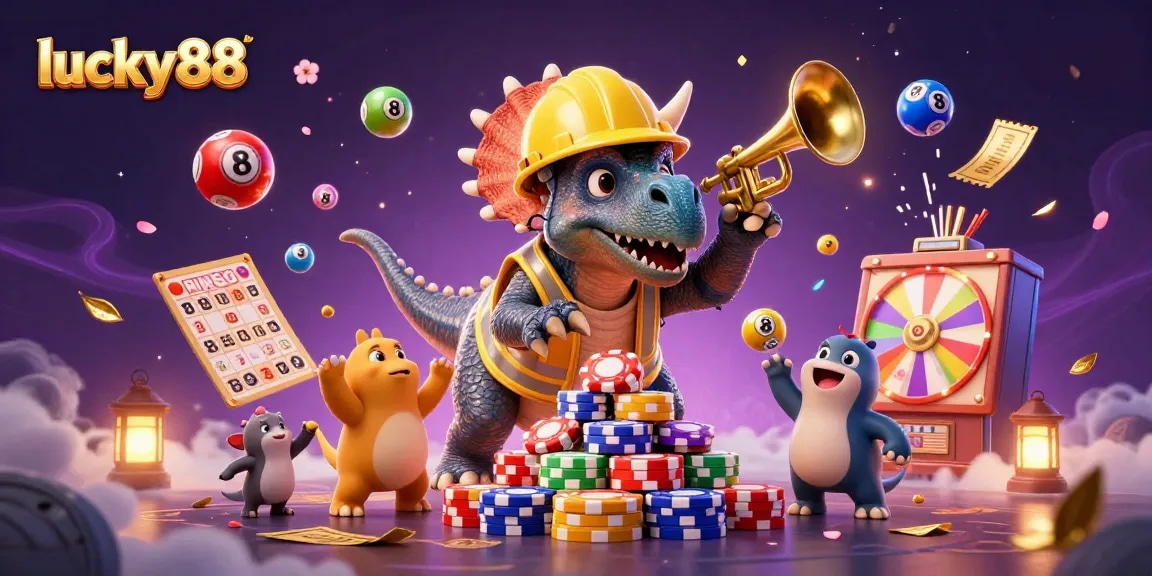 Experience the excitement of lucky88 with a vibrant 3D scene featuring fun characters and casino elements.
