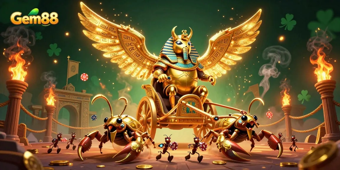 Experience Gem88's vibrant casino action with dynamic golden scarab and poker elements.