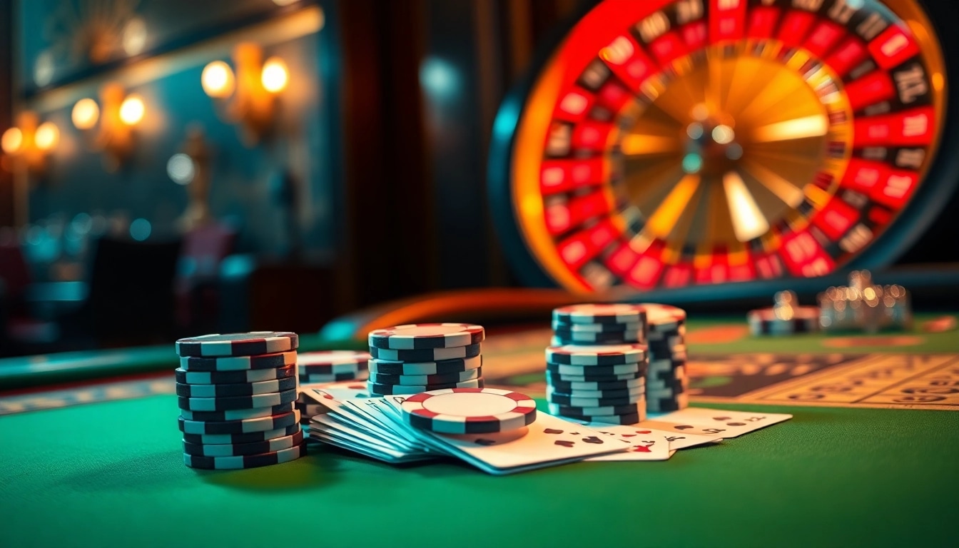 Experience an exhilarating poker game at l567 casino, showcasing vibrant chips and a lively roulette wheel.