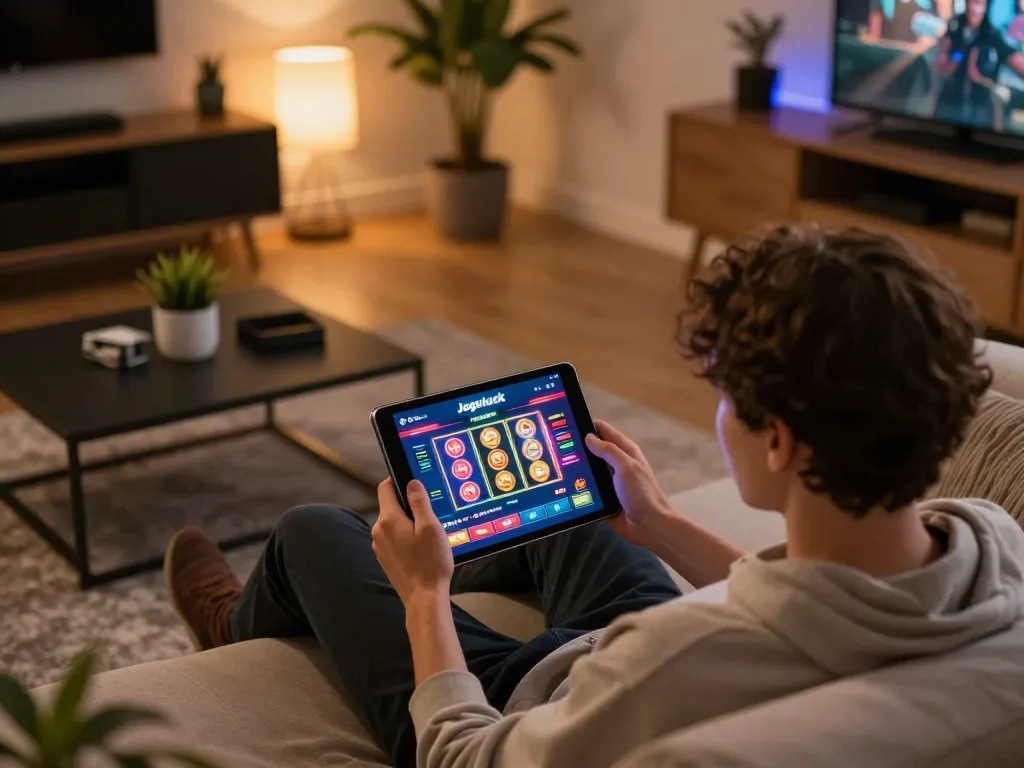 Person enjoying online gaming on Jogoluck platform, showcasing tablet interface in stylish living room.