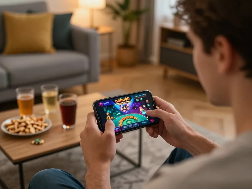 Player engaging with nohu90 casino app on smartphone in a cozy home environment during online gambling session