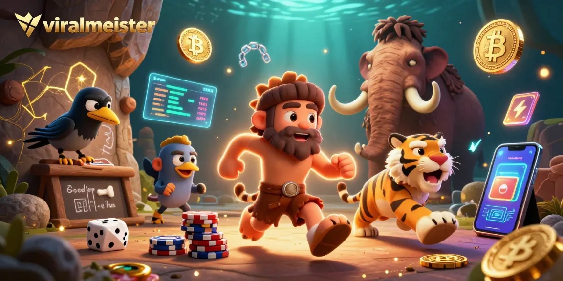 Engage with viralmeister's vibrant casino scene showcasing a caveman duo and their clever crow companion amid glowing crypto coins.