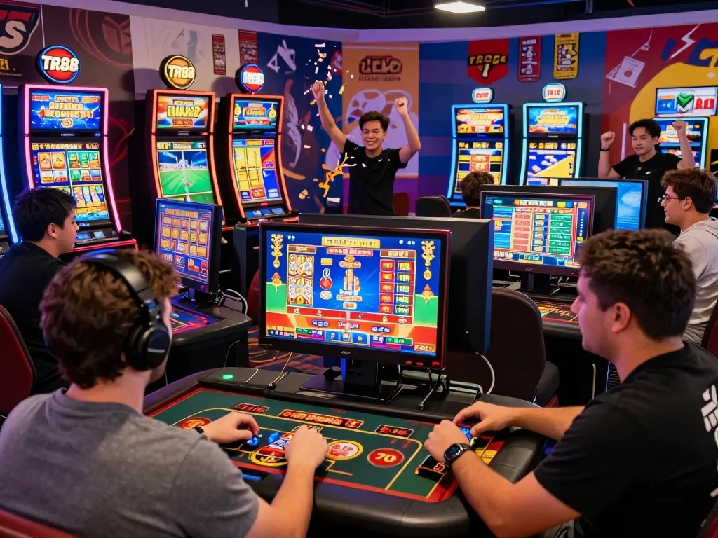 Exciting TR88 gaming scene with players enjoying diverse casino games in a vibrant digital atmosphere.