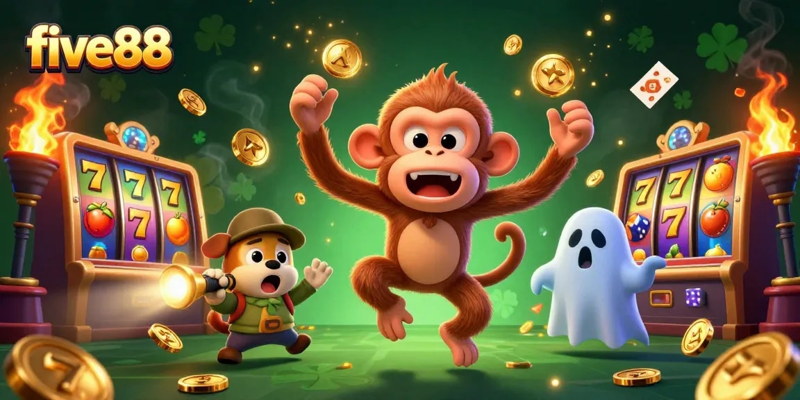 Experience thrilling slot gameplay at five88 with golden elements dancing in a vibrant casino scene.