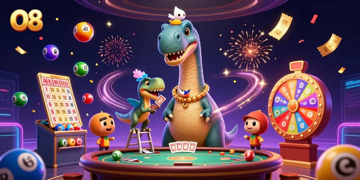Experience excitement at O8 with a towering brontosaurus and vibrant gaming elements.