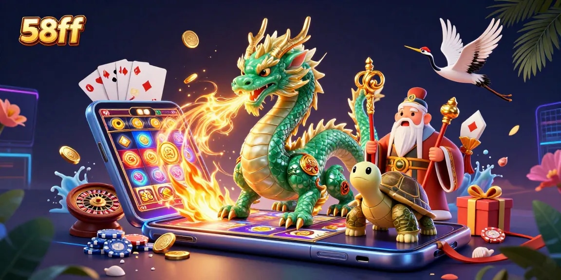 Experience thrilling gaming adventures at 58ff with vibrant 3D casino elements and magical characters.
