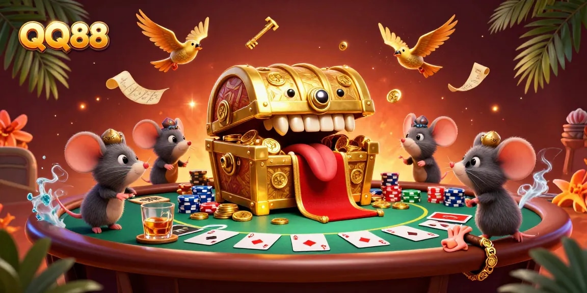 Engage in winning strategies at QQ88 with vibrant casino-themed 3D illustration showcasing various game elements.