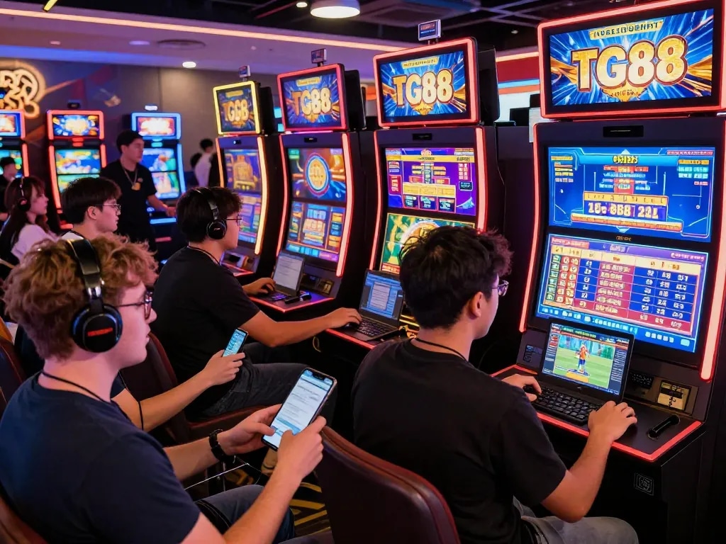 Players enjoying casino games at TG88's dynamic online gaming platform, showcasing excitement and interaction.