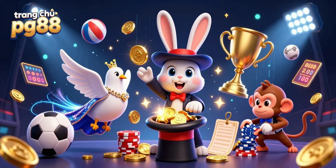 Engage with the exciting world of trang chủ pg88, showcasing a whimsical casino scene with spirited characters ready to deal poker chips and golden coins.
