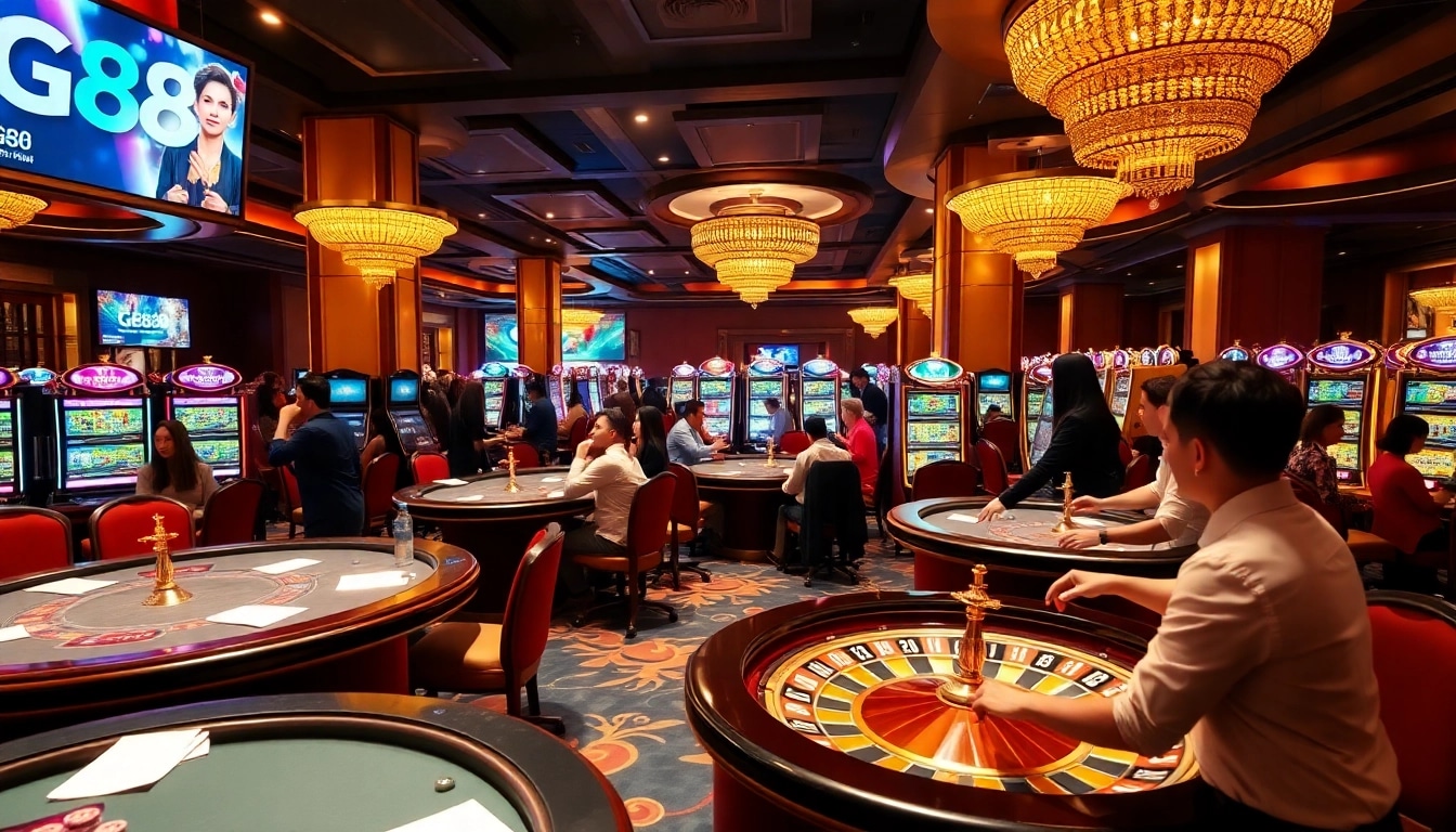Players enjoying exciting games at GG88 casino with vibrant slot machines and poker tables.