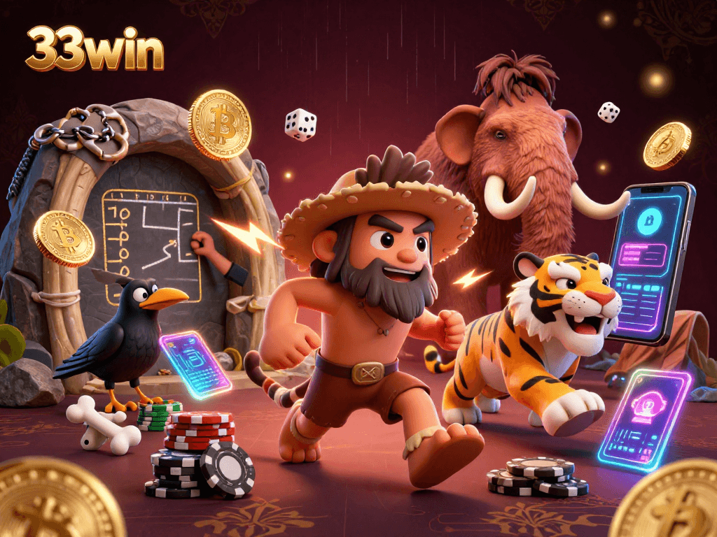 Engage in thrilling gameplay at 33win with captivating caveman casino action featuring crypto elements.