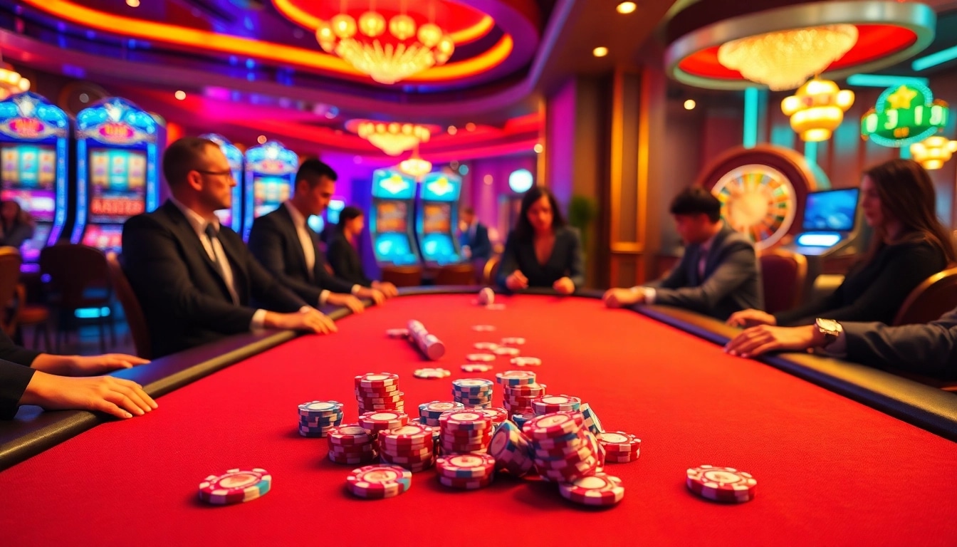 Engaging gambling scene showcasing Bet88 đăng nhập at a vibrant casino table with luxurious poker chips and energetic players.