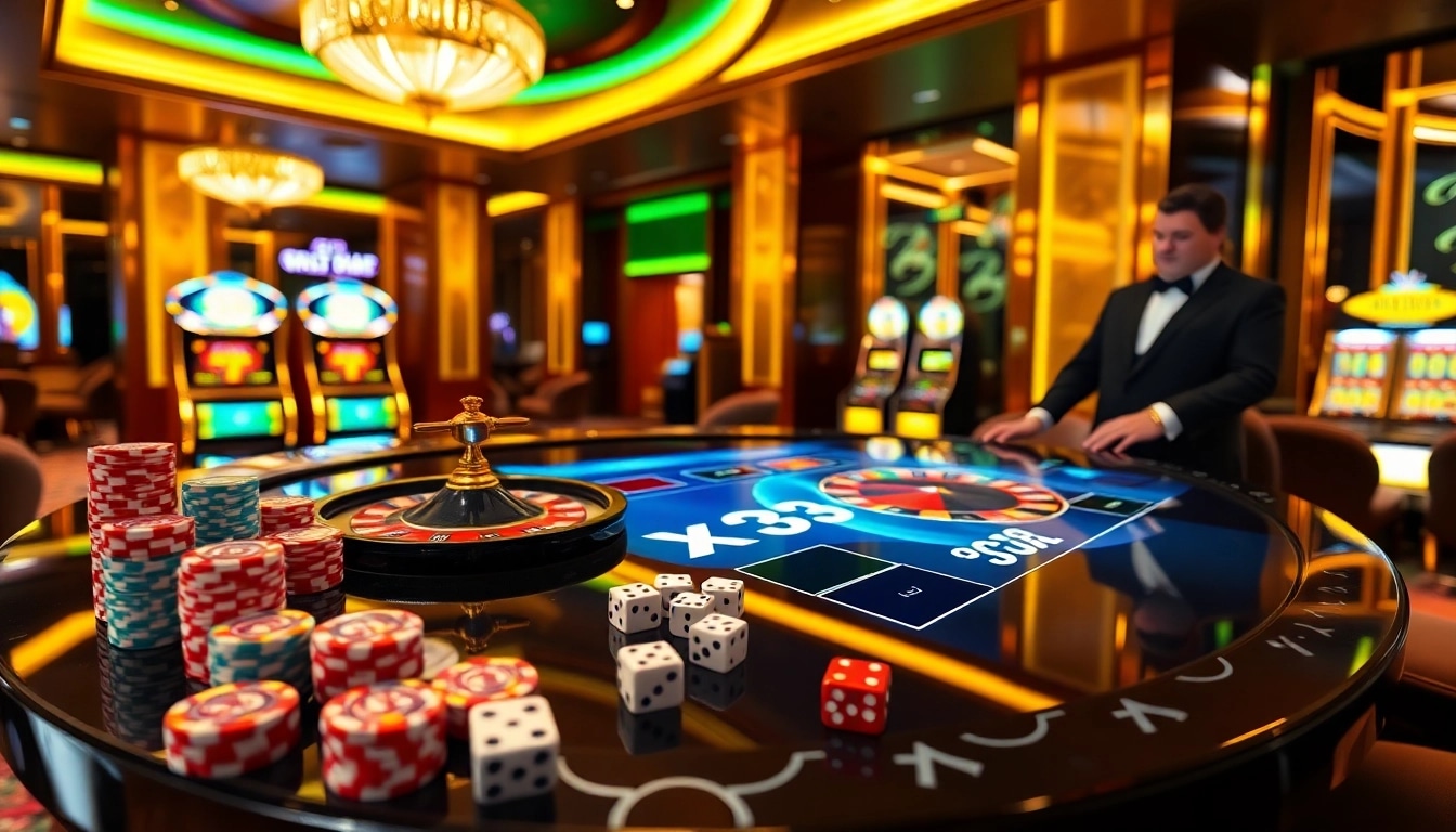 Player engaging with x333 branded online casino interface featuring roulette wheel and poker chips in luxury setting