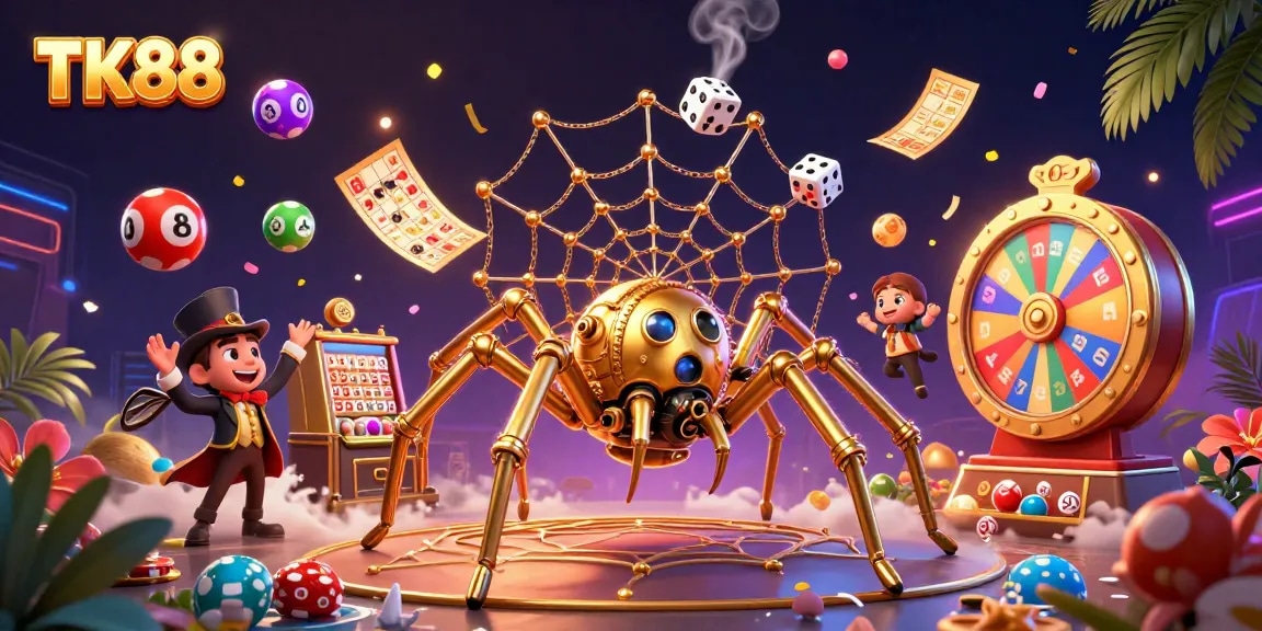 Experience the excitement of TK88 with vibrant slots and dynamic lottery games in a thrilling illustration.