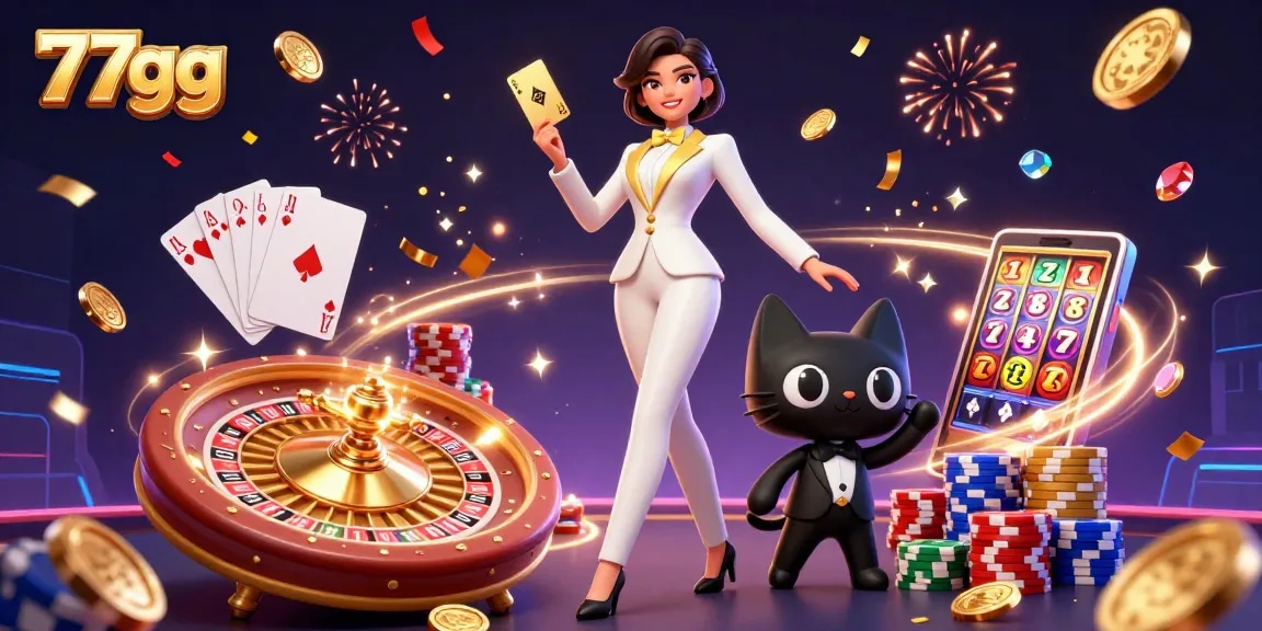 Experience thrilling gaming action at 77gg with a glamorous dealer and vibrant casino atmosphere.