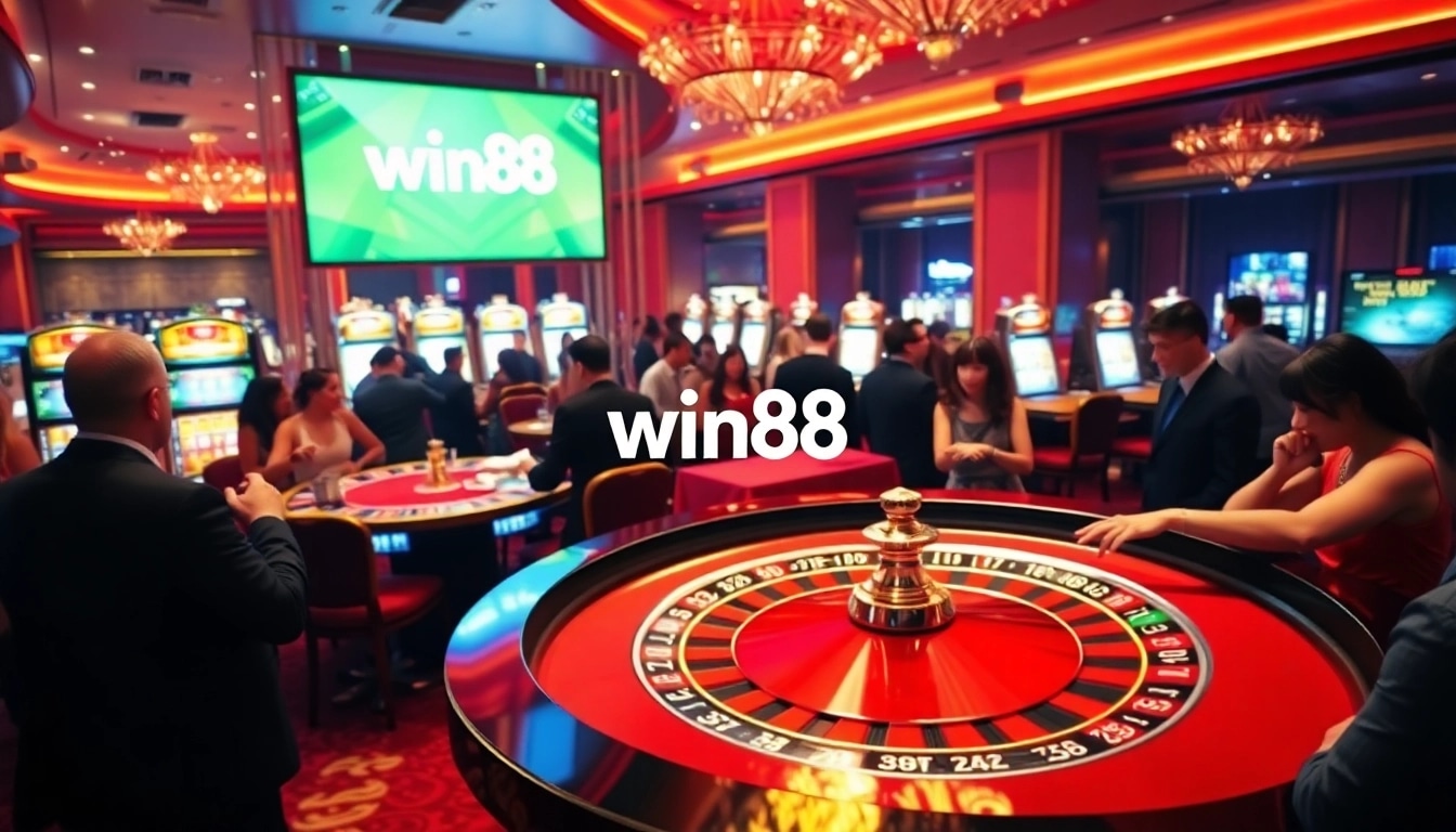 Experience excitement at win88’s lavish casino, featuring roulette and vibrant slot machines.