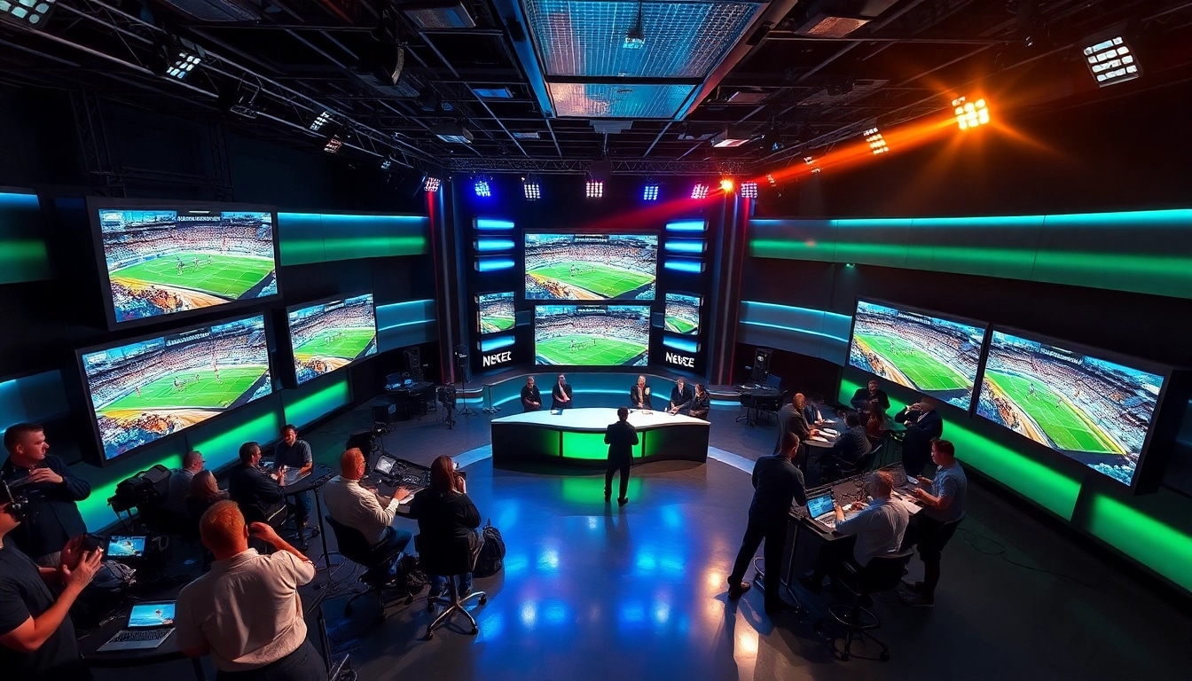 Engaging sports broadcasting environment with dynamic screens showcasing exciting events.