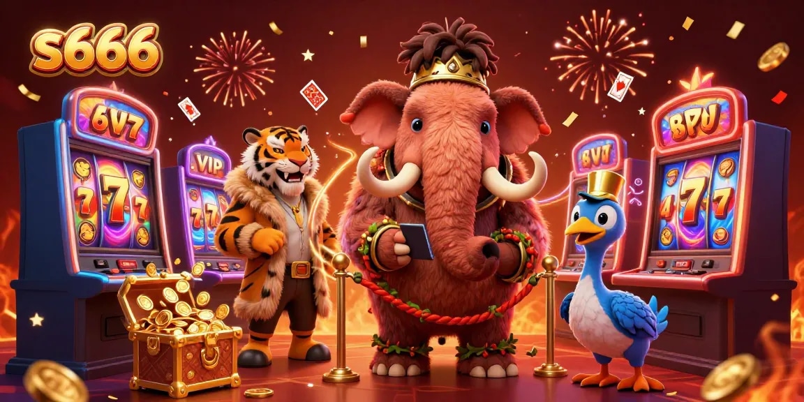 S666 casino scene with a woolly mammoth bouncer checking IDs, saber-tooth VIP, and rich slot game elements.