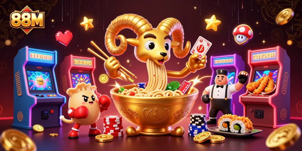 Experience excitement with 88M as a giant ramen bowl deals cards in a dynamic casino scene