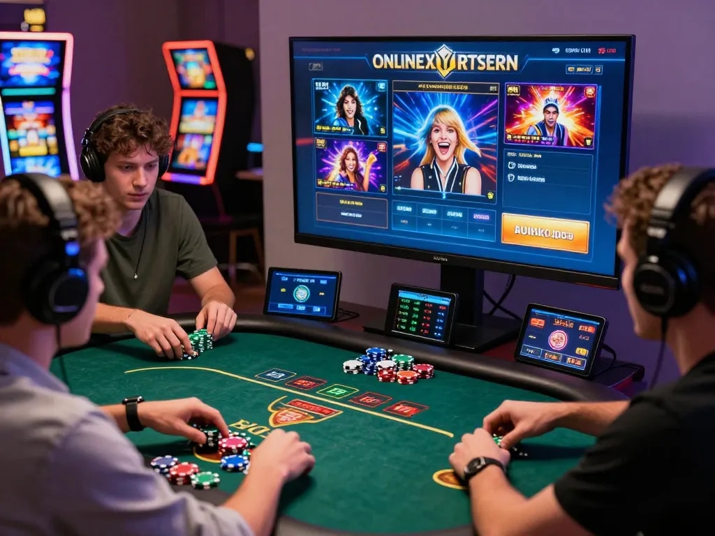 Dynamic online gambling scene with 8kbet interface displaying poker and slots, excited players in vibrant setting.