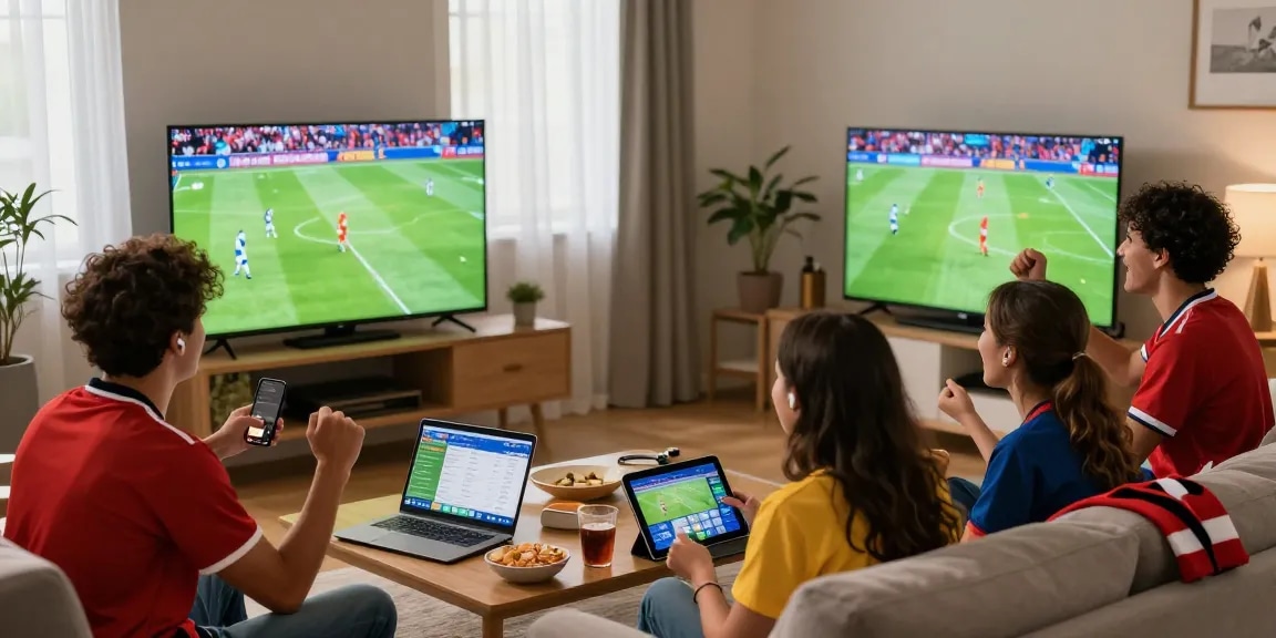 Fans enjoying a football match using Multicanais on multiple devices in a lively home setting.