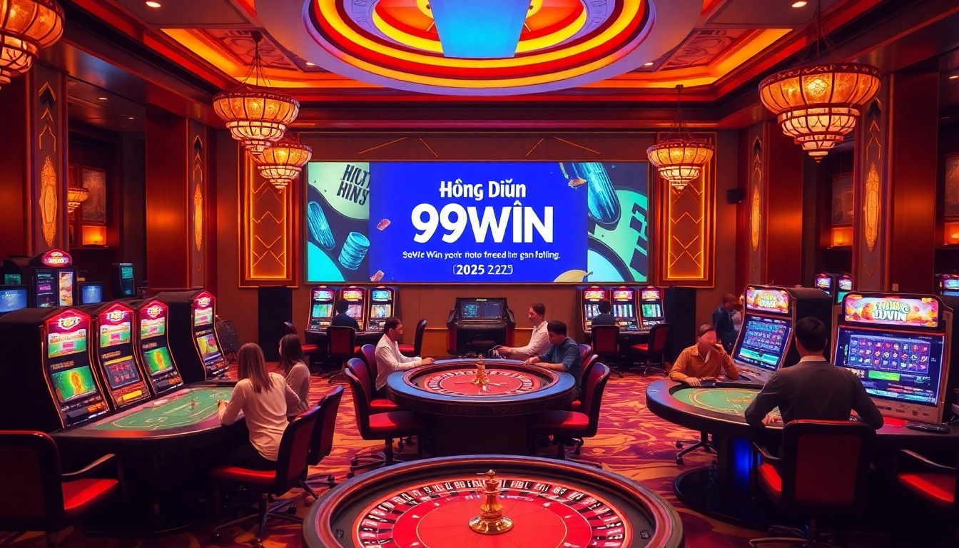 Exciting casino atmosphere with players interacting amidst digital gaming displays, featuring Hướng Dẫn 99WIN