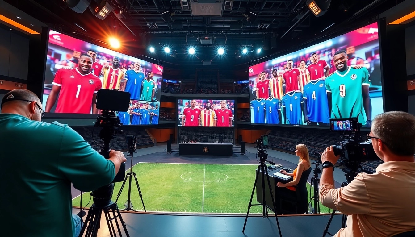 Sports Broadcasting studio setup with vibrant screens and equipment capturing live events.