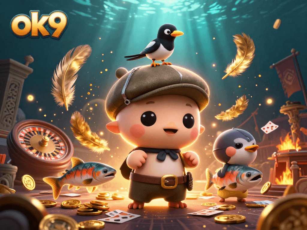 Engage in thrilling betting action with ok9, featuring Nessie in a casino scene filled with gold and excitement.