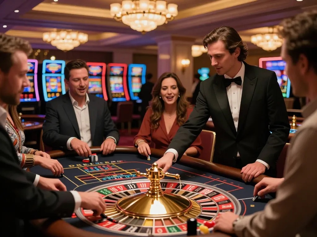 A lively casino scene showing players engaging in roulette gameplay, highlighting the excitement of 45678 betting strategies.