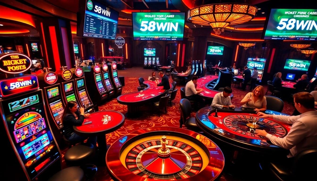 Experience the thrilling atmosphere of 58WIN with vibrant slots and poker tables.