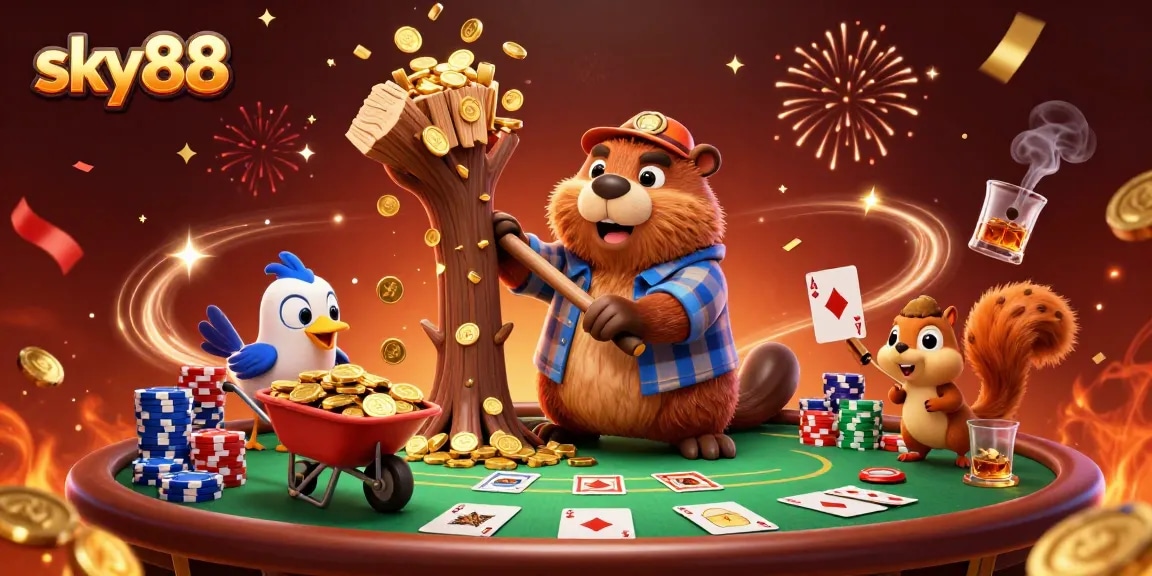 Experience sky88 excitement with animated characters amidst coins and poker tables for online gambling.