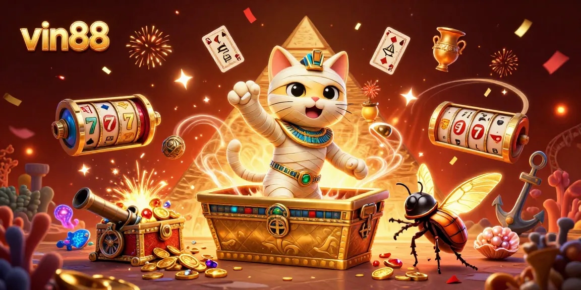 Experience the thrill of vin88 with an Egyptian mummy cat and treasures in a vibrant casino setting.