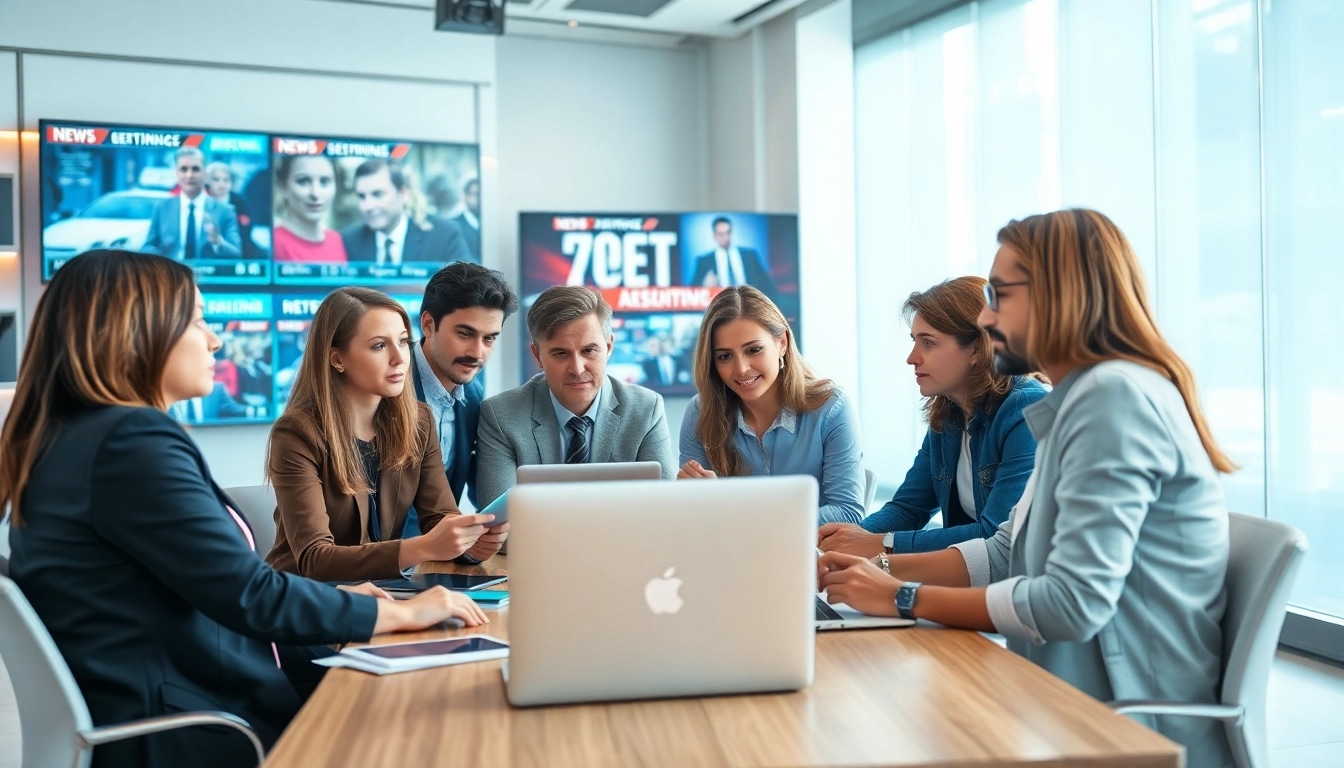 Collaborative news professionals brainstorming innovative ideas in a vibrant editorial meeting.
