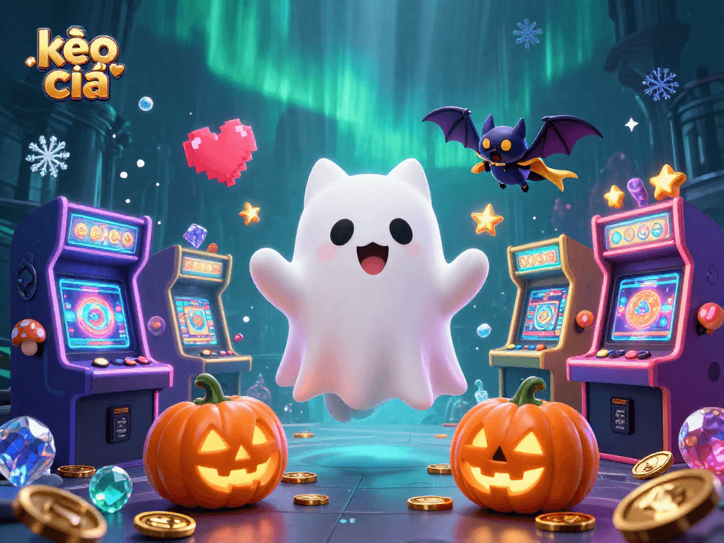 Engage with the lively kèo nhà cái scene featuring a playful ghost cat and a vampire bat in a haunted casino.