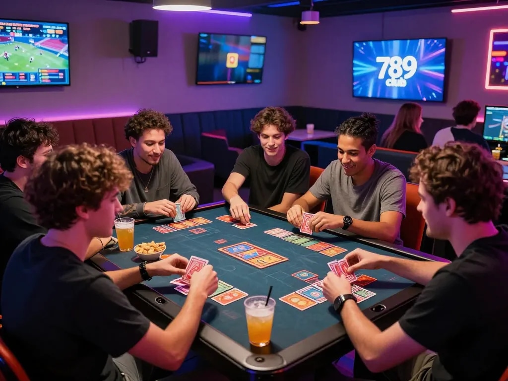 Friends enjoying card games at the vibrant 789 club gaming lounge with snacks and neon lights.