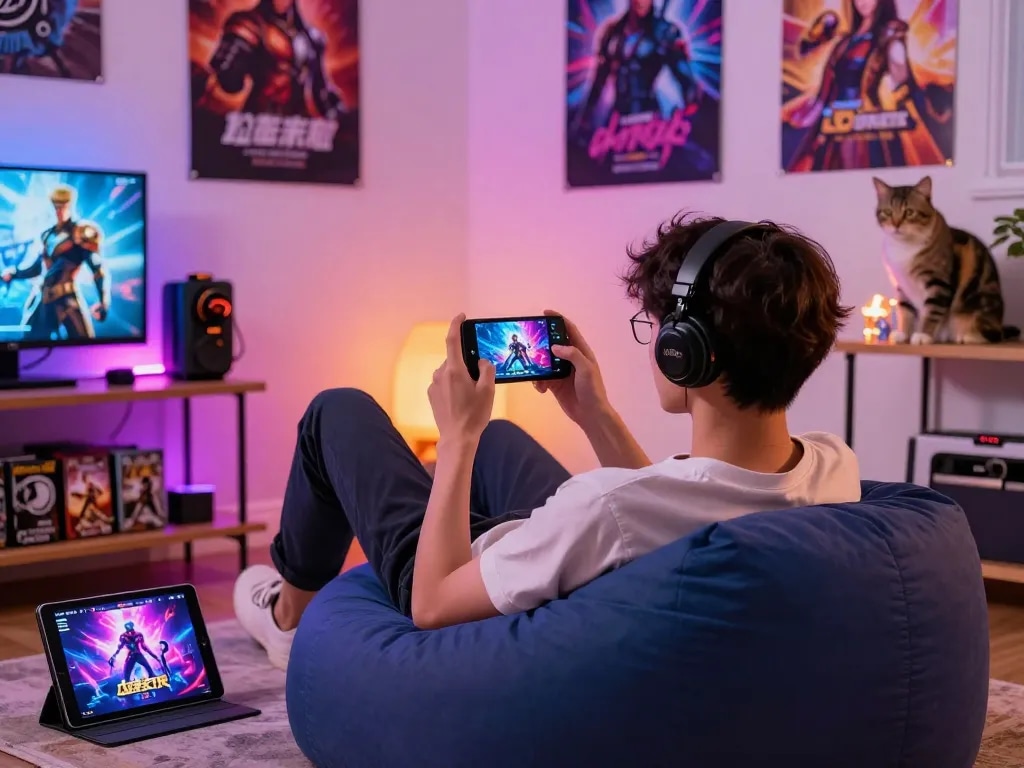 Mobile porn game scene featuring a person engaged on a smartphone in a cozy, vibrant room filled with gaming elements.