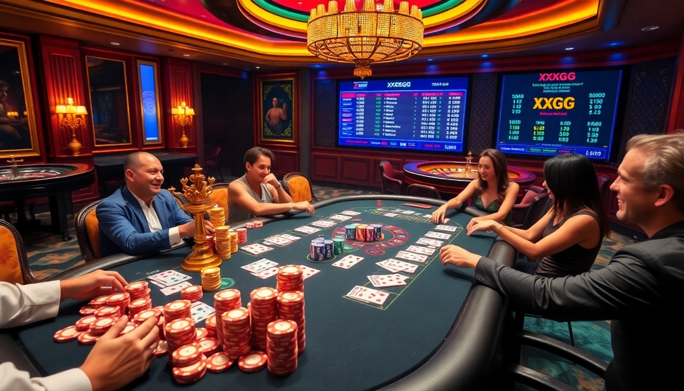 Players excitedly engaging at the poker table with XXGG branding visible on chips and cards.