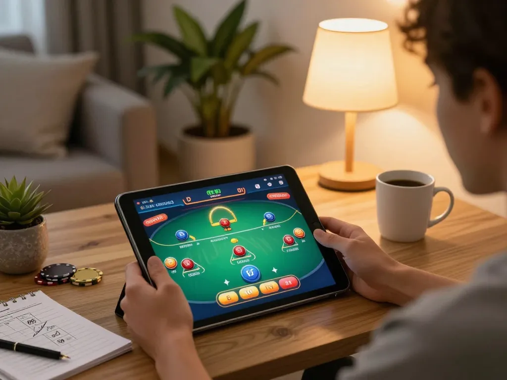 Engaging online casino gaming scene at https://ck444s.net/ with poker interface displayed on tablet and strategic notes available.