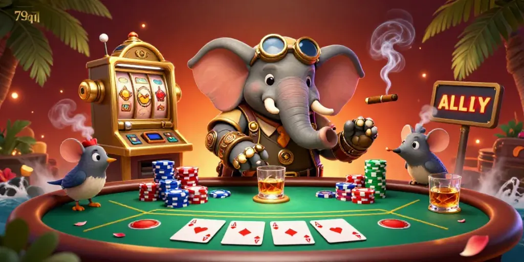Engage with 79q1 as a steampunk elephant engineers a golden slot machine in a vibrant casino scene.