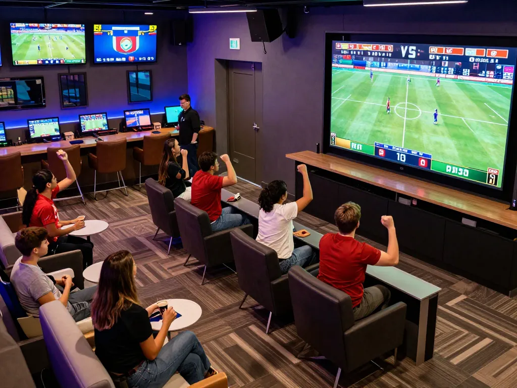 Excited players engaging in sports betting at 45678 com's modern lounge, showcasing live sports screens.