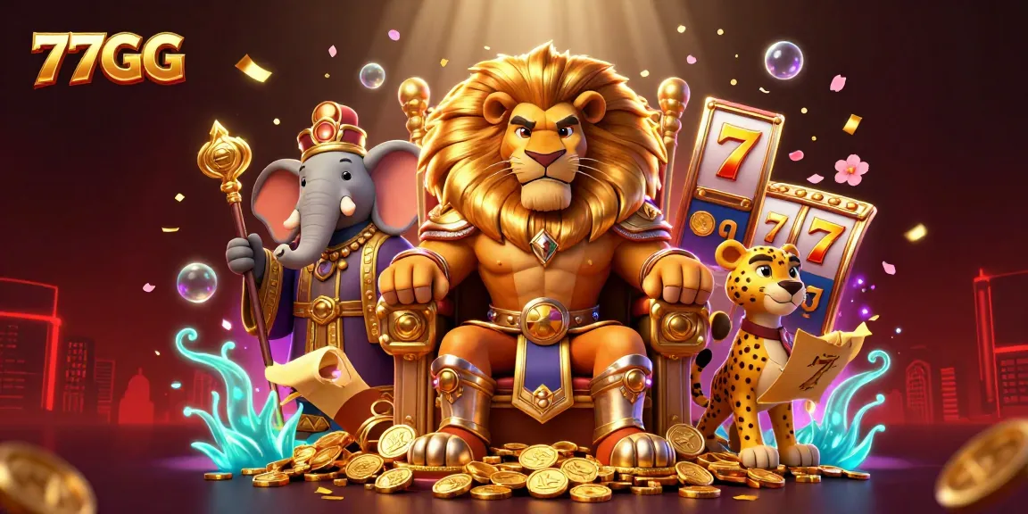 Experience thrilling slots action with 77GG's lion king, accompanied by a wise elephant and a swift cheetah.