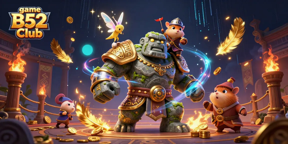 Experience the thrill of game B52 Club with magical characters in a vibrant 3D casino illustration.