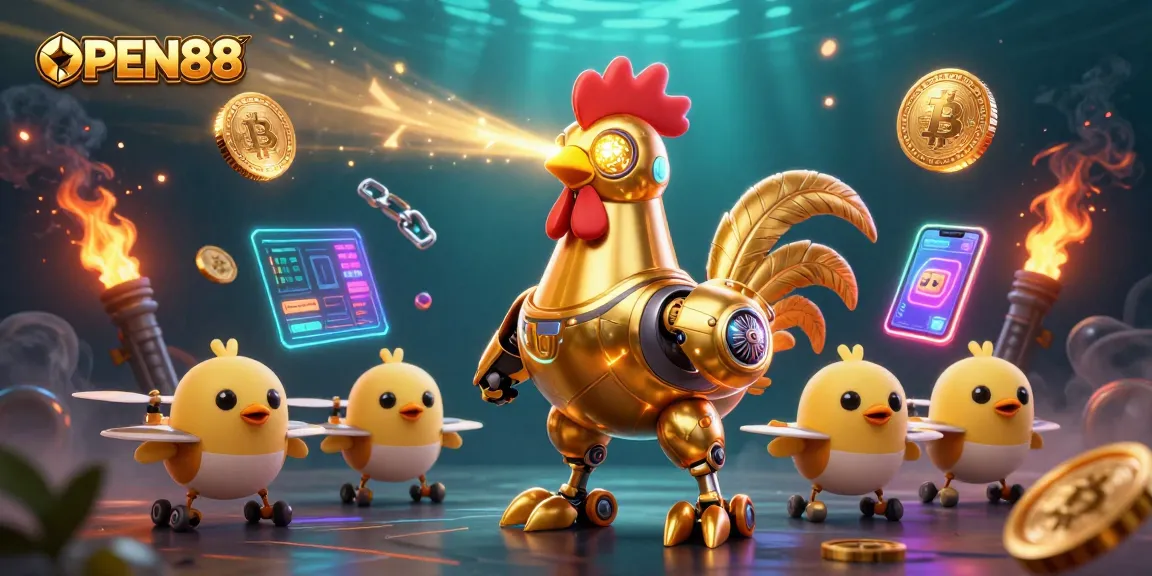 Win big with OPEN88's vibrant 3D illustration featuring a golden rooster robot in a crypto-themed casino scene.