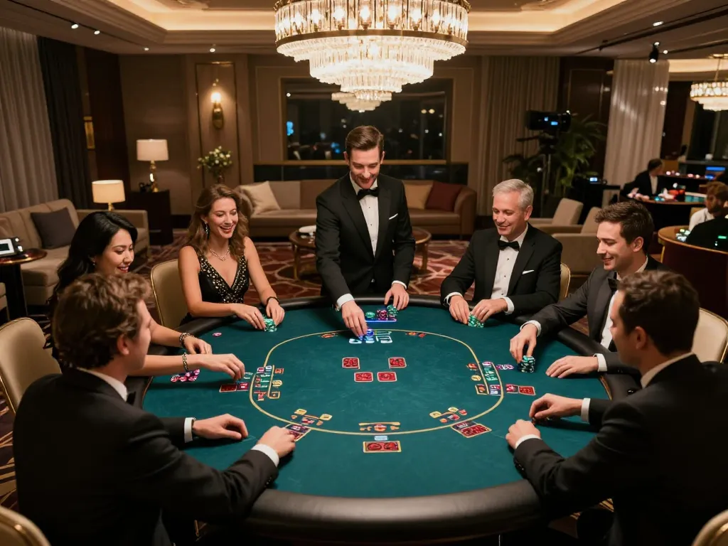 27G poker players enjoying high-stakes game in elegant casino atmosphere